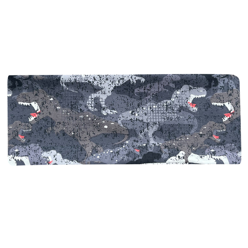 Wollhuhn Elastisches Öko Stirnband/Haarband Jersey Zweilagig Breit Dino Camouflage Grau, zeigt T. rex-Muster in Grau/Braun, handgemacht in Deutschland. Ideal für Sport und Freizeit.