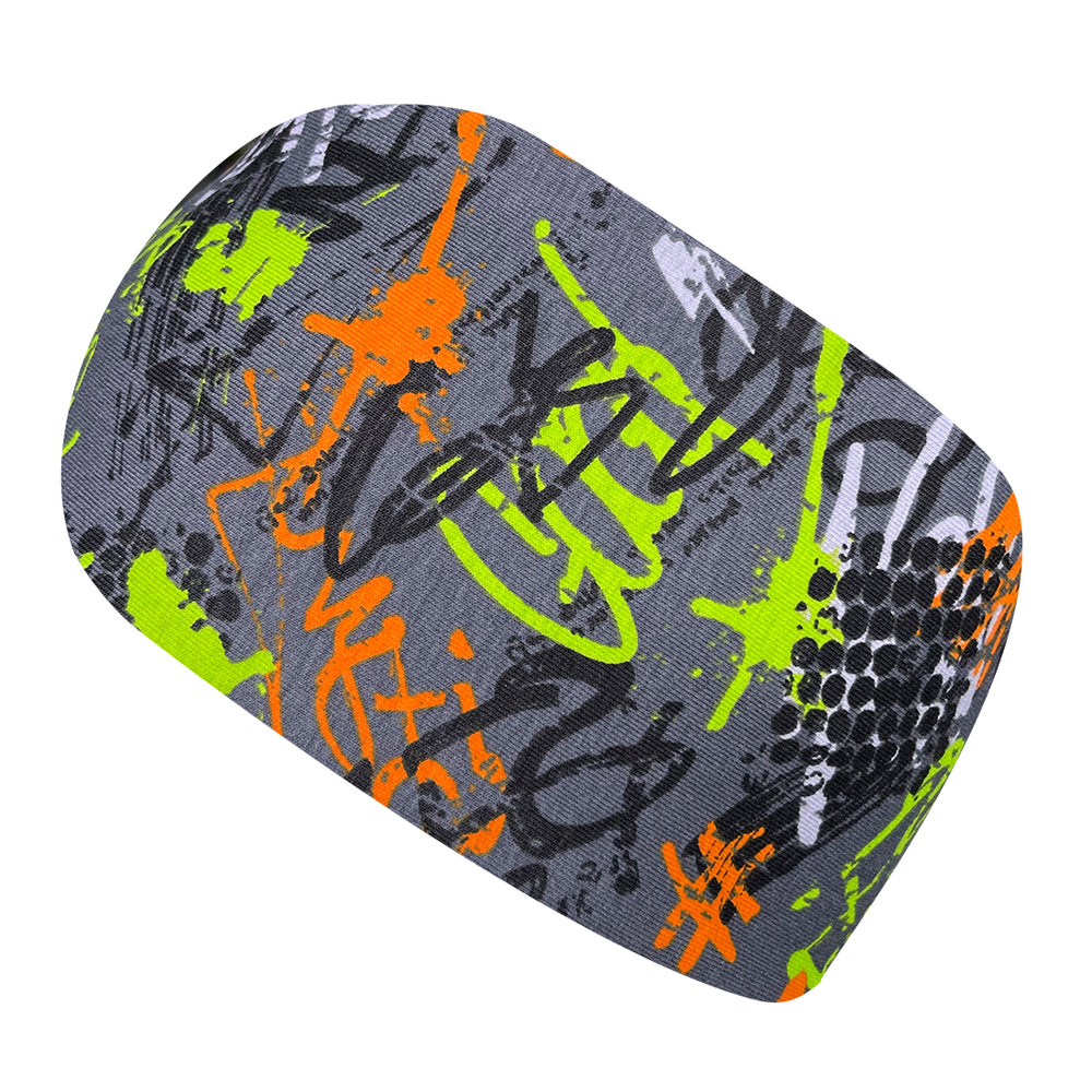 Wollhuhn Elastisches Öko Stirnband: Graues, zweilagiges Jersey-Stirnband mit orangefarbenem Graffiti-Muster, handgemacht, weich und dehnbar, ideal für vielseitige Nutzung.