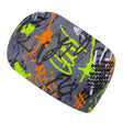 Wollhuhn Elastisches Öko Stirnband: Graues, zweilagiges Jersey-Stirnband mit orangefarbenem Graffiti-Muster, handgemacht, weich und dehnbar, ideal für vielseitige Nutzung.