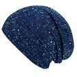 Wollhuhn Öko Long Beanie, Wendemütze, zweilagig, blau mit weißen Sprenkeln. Weich, dehnbar, ideal für Kinder. Handgefertigt in Deutschland, ganzjährig tragbar.