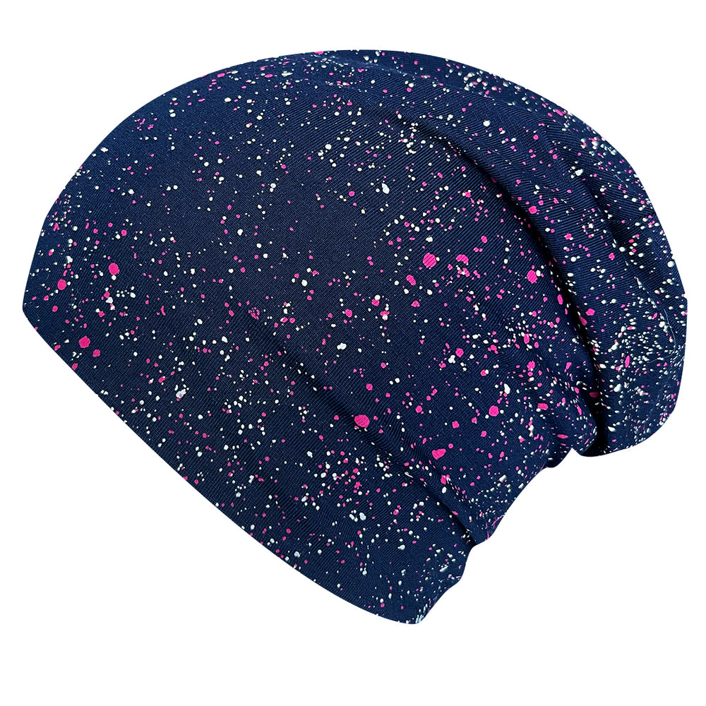 Wollhuhn Öko Long Beanie/Wendemütze, zweilagig, mit blauen und pinken Sprenkeln, aus weichem Baumwolljersey, handgefertigt in Deutschland, bequem und formbeständig.