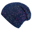 Wollhuhn Öko Long Beanie/Wendemütze, zweilagig, mit blauen und pinken Sprenkeln, aus weichem Baumwolljersey, handgefertigt in Deutschland, bequem und formbeständig.