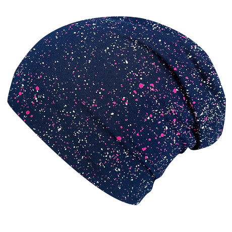 Wollhuhn Öko Long Beanie/Wendemütze, zweilagig, mit blauen und pinken Sprenkeln, aus weichem Baumwolljersey, handgefertigt in Deutschland, bequem und formbeständig.