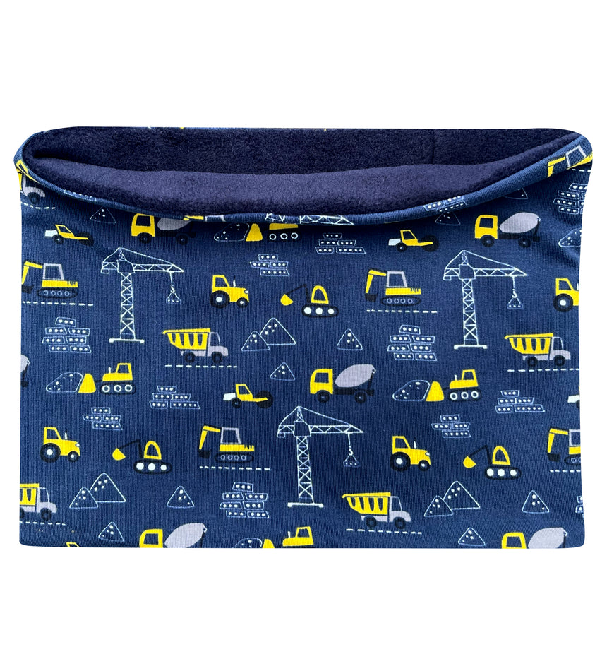 Wollhuhn Halstuch/Schlupfschal/Loop WARM mit Fleece, Motiv Baustelle dunkelblau/gelb, zeigt Baufahrzeuge, ideal für kühle Tage, handgemacht in Deutschland.