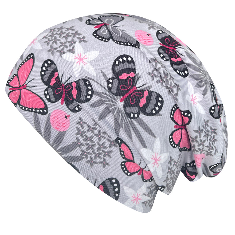 Wollhuhn Öko Long Beanie / Wendemütze: Zweilagige, graue und rosa Mütze mit Schmetterling-Muster. Ideal für Kinder, bequem und ganzjährig tragbar.