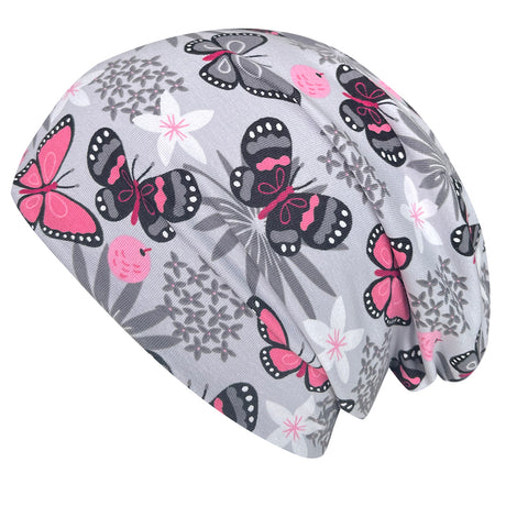Wollhuhn Öko Long Beanie / Wendemütze: Zweilagige, graue und rosa Mütze mit Schmetterling-Muster. Ideal für Kinder, bequem und ganzjährig tragbar.