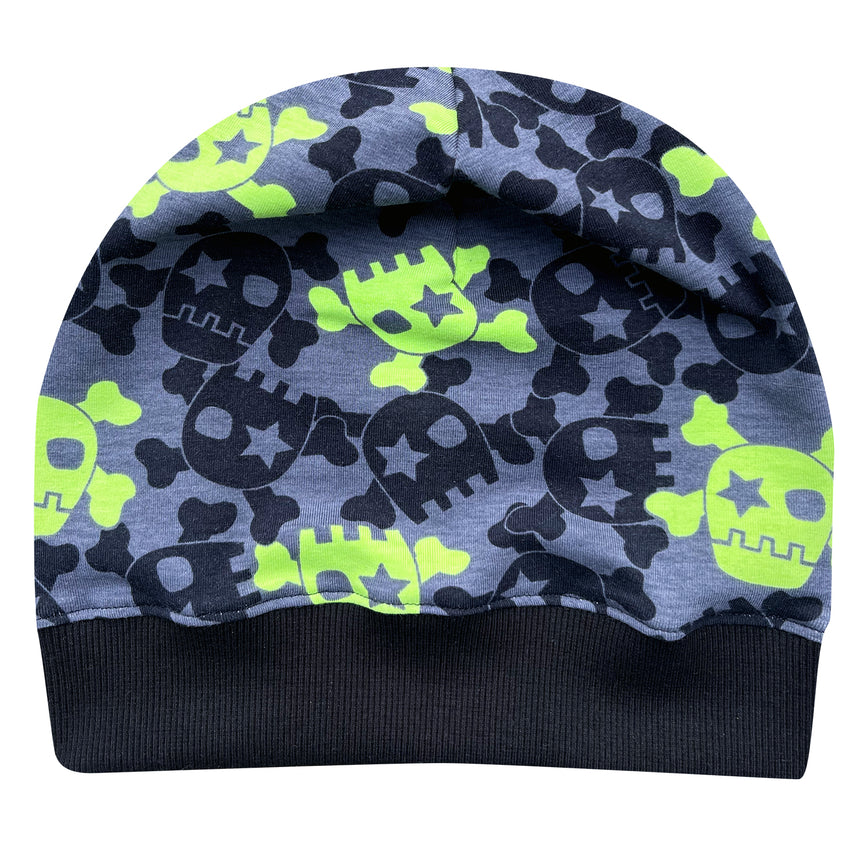 Wollhuhn Dünne Öko Beanie-Mütze mit Totenkopf- und Sternenmuster, handgefertigt aus dehnbarem Öko-Jersey, ideal für Übergangstage.