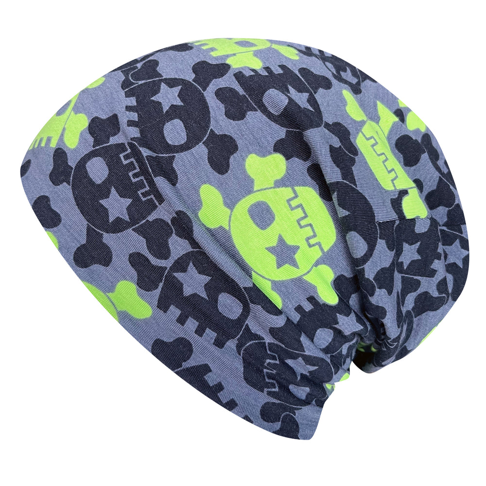 Wollhuhn Öko Long Beanie / Wendemütze mit Totenkopf- und Knochenmuster, anthrazit/lime, aus doppellagigem Baumwolljersey, handgefertigt, bequem und formbeständig.