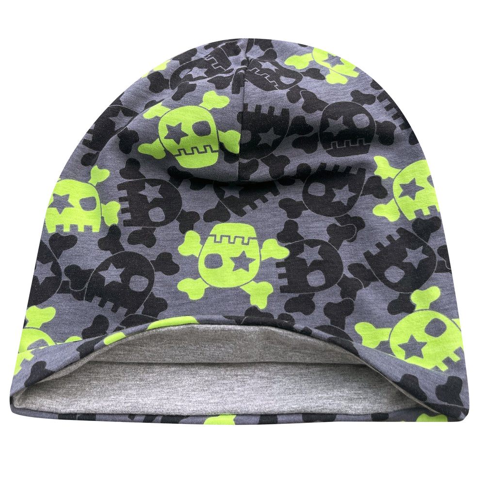Wollhuhn Öko Long Beanie / Wendemütze mit coolen Schädeln in Anthrazit/Lime, zweilagig, aus weichem Jersey, ideal für ganzjähriges Tragen, handgefertigt in Deutschland.