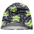 Wollhuhn Öko Long Beanie / Wendemütze mit coolen Schädeln in Anthrazit/Lime, zweilagig, aus weichem Jersey, ideal für ganzjähriges Tragen, handgefertigt in Deutschland.