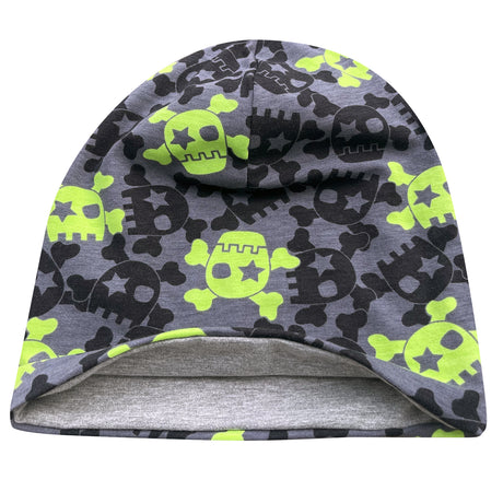 Wollhuhn Öko Long Beanie / Wendemütze mit coolen Schädeln in Anthrazit/Lime, zweilagig, aus weichem Jersey, ideal für ganzjähriges Tragen, handgefertigt in Deutschland.