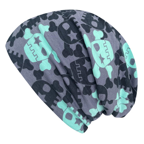Wollhuhn Öko Long Beanie mit Skulls-Muster, zweilagig und wendbar, für ganzjährige Nutzung. Handgefertigt aus weichem Baumwolljersey, ideal für Kinder und Jugendliche.