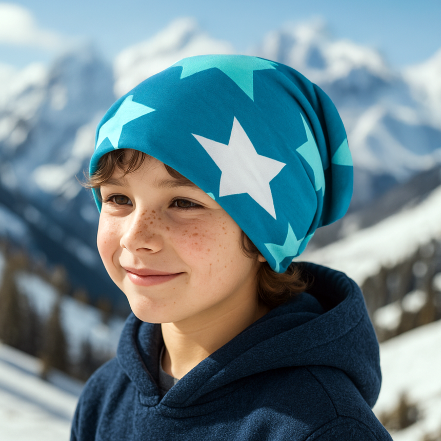 Kind trägt Wollhuhn Öko Long Beanie / Wendemütze, Ganzjährig, Zweilagig, Big Stars Petrol im Schnee. Beanie hält warm und ist angenehm zu tragen.