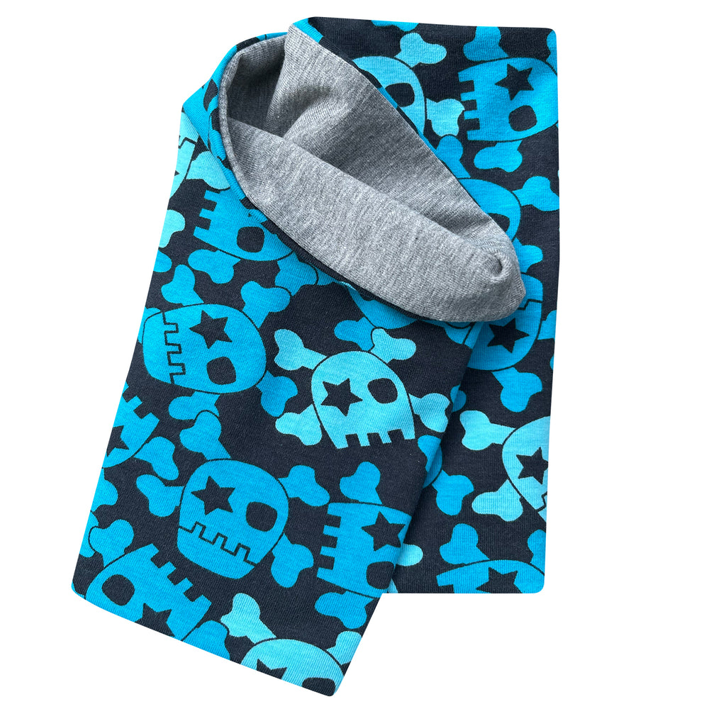 Wollhuhn Leichtes Lockeres Öko Jersey Halstuch mit blau-schwarzem Muster, handgemacht aus weichem Jersey, perfekt für Kinder im Frühling und Herbst.