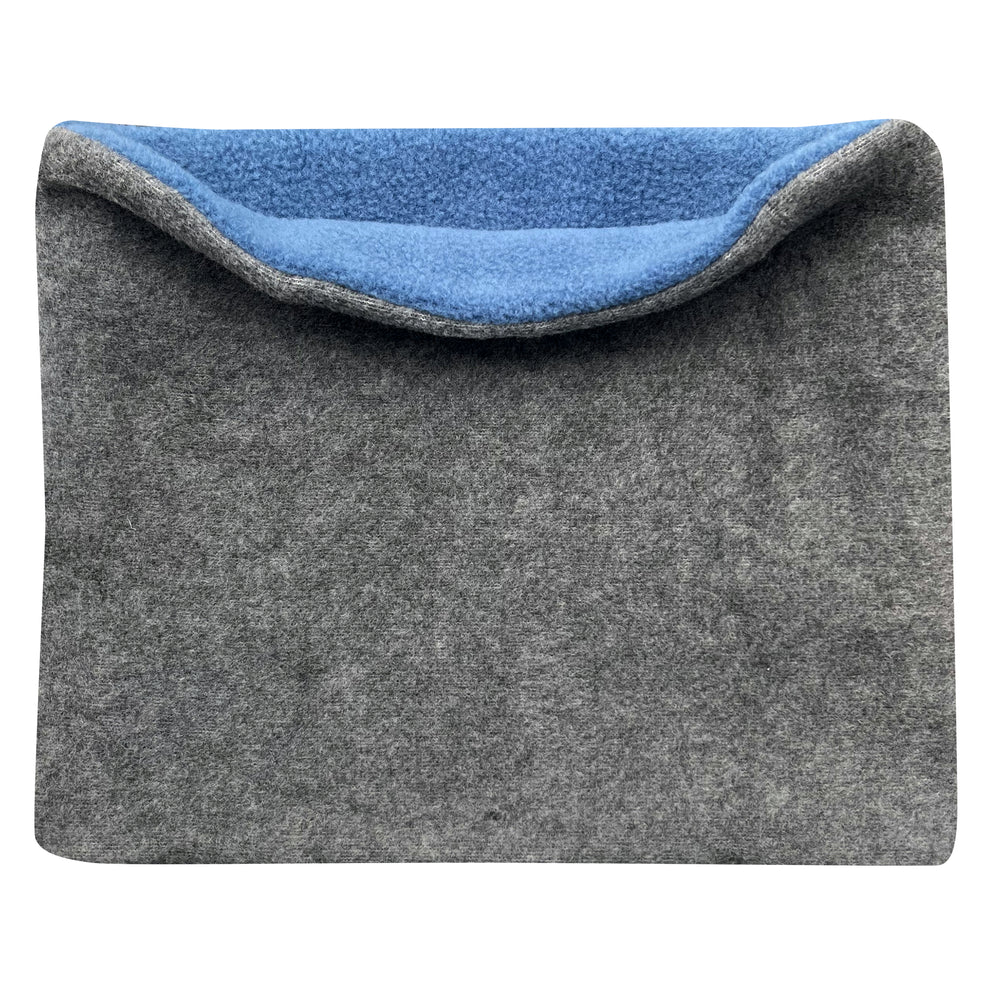 Wollhuhn WINTER Halstuch/Schlupfschal „Unser Wärmster“, doppellagiger Fleece in Anthrazit/Jeansblau, handgemacht für Kinder und Erwachsene, kuschelig und wendbar.