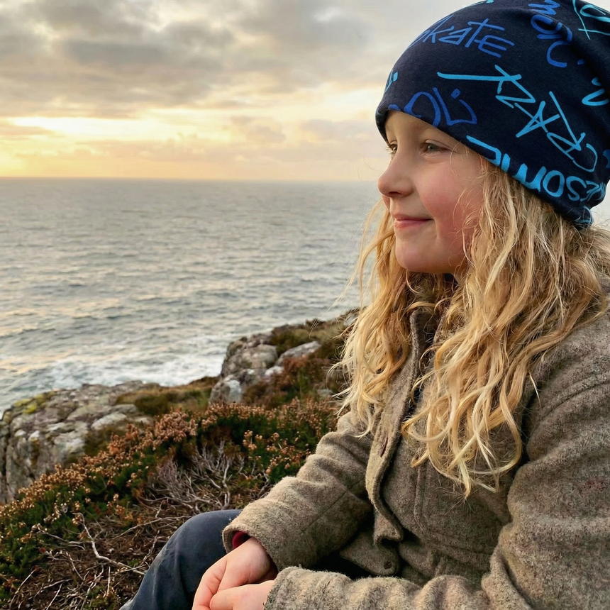 Ein Kind mit blonden Locken trägt eine Wollhuhn Öko Long Beanie in Blautönen, sitzt auf einem Felsen und blickt auf das Meer bei Sonnenaufgang.