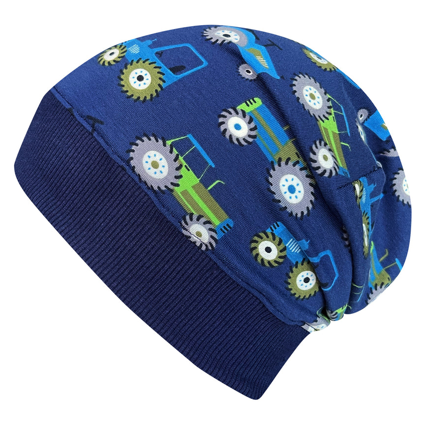 Wollhuhn Dünne Öko Beanie-Mütze Sommer/Übergang Einlagig Traktor/Trecker Dunkelblau, handgemacht, bequeme Passform, elastisches Bündchen, ideal für Kinder, aus hochwertigem Öko-Jersey.