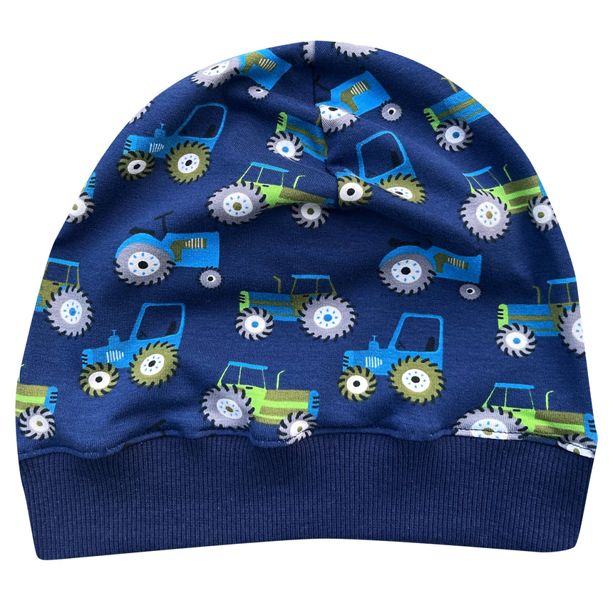Wollhuhn Dünne Öko Beanie-Mütze Sommer/Übergang Einlagig Traktor/Trecker Dunkelblau, handgemachte, dehnbare Kinderbeanie mit Traktormuster, ideal für Übergangszeiten, bequem und atmungsaktiv.