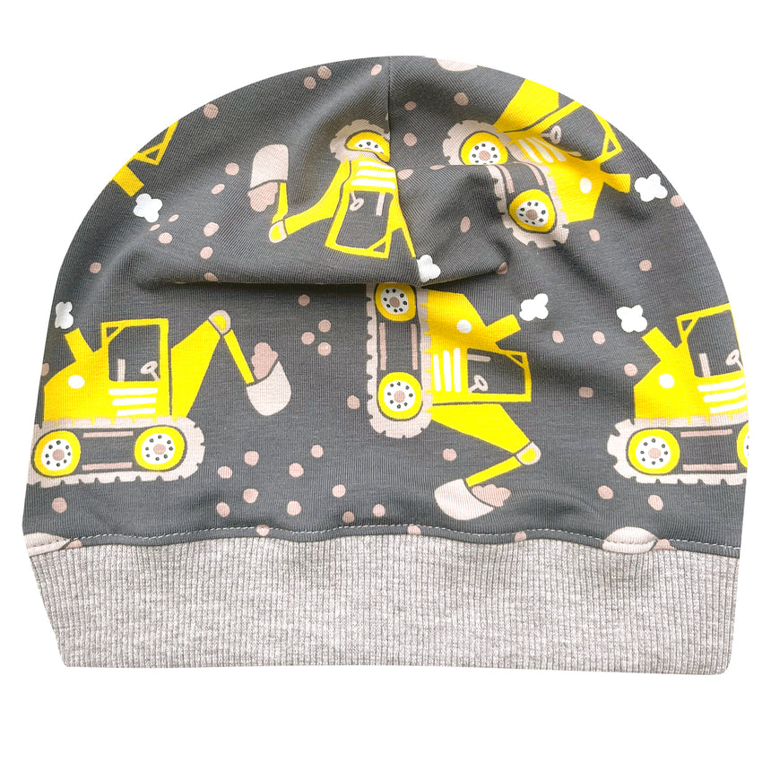 Wollhuhn Dünne Öko Beanie-Mütze Sommer/Übergang Einlagig Maxi Bagger Grau/Gelb, handgemacht, dehnbar, bequem; ideal für aktive Kinder, perfekt unter Helmen.