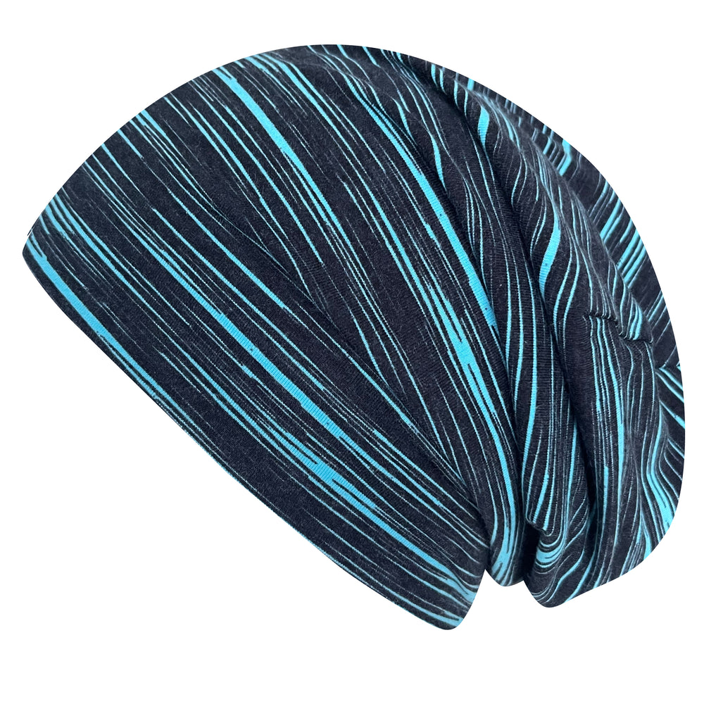 Wollhuhn Öko Long Beanie / Wendemütze, zweilagig, mit schwarz/türkisen Streifen, aus weichem Baumwolljersey, ideal für das ganze Jahr, handgefertigt in Deutschland.