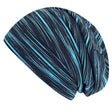 Wollhuhn Öko Long Beanie / Wendemütze, zweilagig, mit schwarz/türkisen Streifen, aus weichem Baumwolljersey, ideal für das ganze Jahr, handgefertigt in Deutschland.