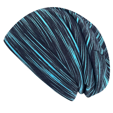 Wollhuhn Öko Long Beanie / Wendemütze, zweilagig, mit schwarz/türkisen Streifen, aus weichem Baumwolljersey, ideal für das ganze Jahr, handgefertigt in Deutschland.