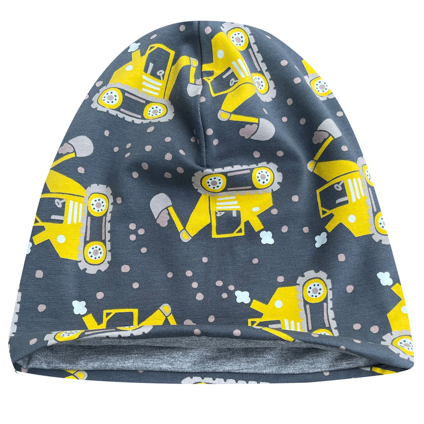 Wollhuhn Öko Long Beanie / Wendemütze mit gelben Fahrzeugen, zweilagig, aus weichem Baumwolljersey. Ideal für Kinder, angenehm zu tragen und ganzjährig geeignet.
