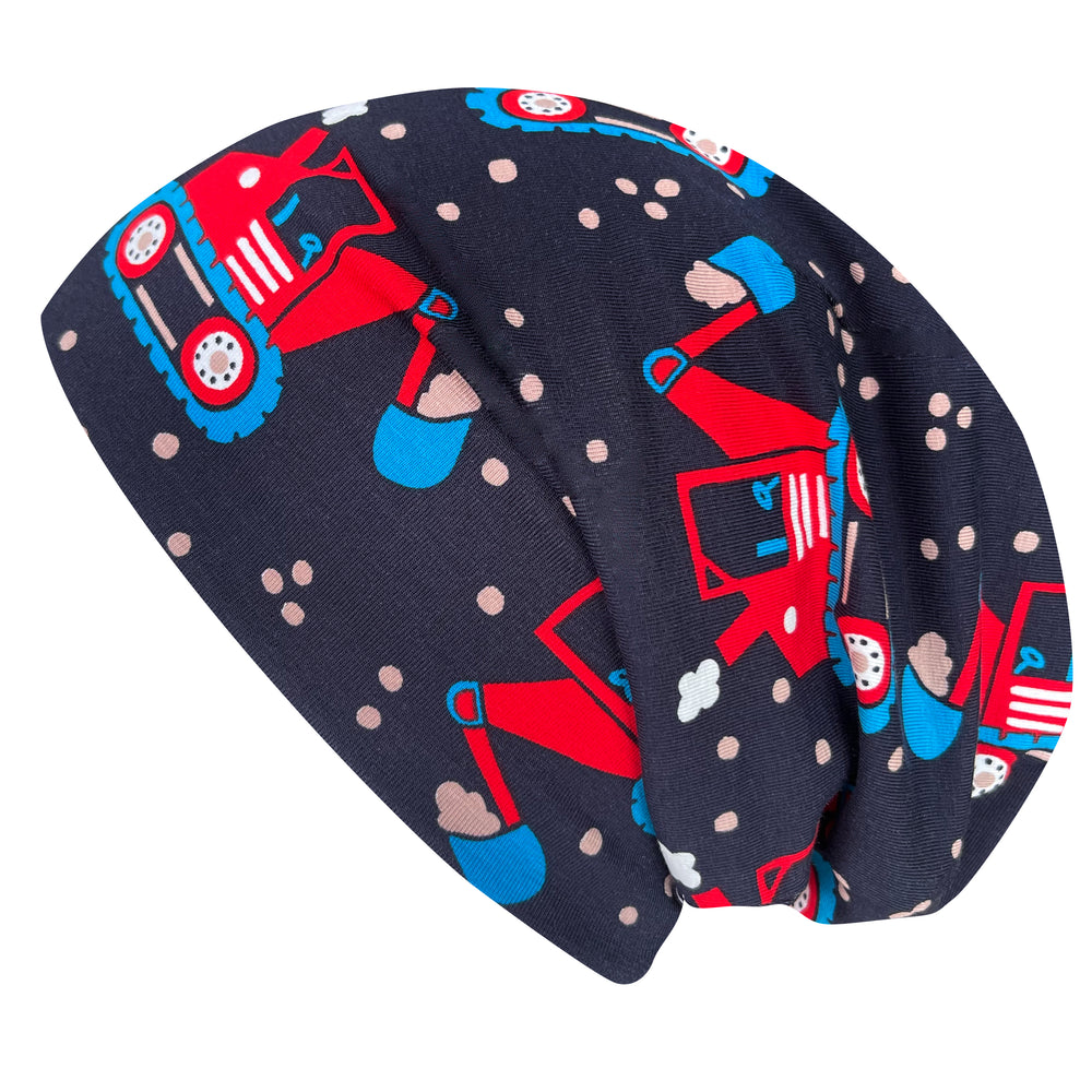 Wollhuhn Öko Long Beanie / Wendemütze mit Traktor- und Bagger-Motiv, zweilagig aus weichem Baumwolljersey, für Kinder bequem und ganzjährig tragbar.