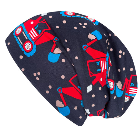 Wollhuhn Öko Long Beanie / Wendemütze mit Traktor- und Bagger-Motiv, zweilagig aus weichem Baumwolljersey, für Kinder bequem und ganzjährig tragbar.