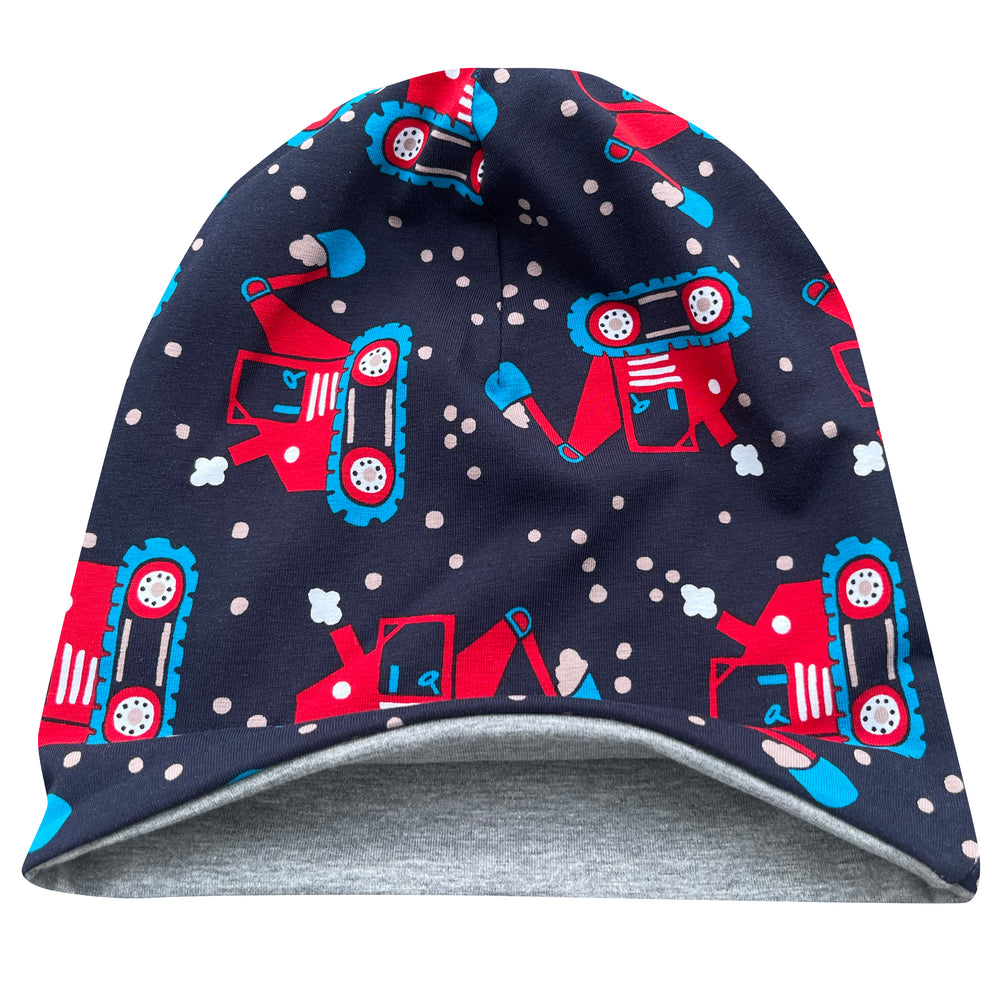Wollhuhn Öko Long Beanie, zweilagig, mit Bagger-Muster in Dunkelblau/Rot, ideal für das ganze Jahr. Handgefertigt aus weichem Baumwolljersey, wendbar für vielseitigen Tragekomfort.