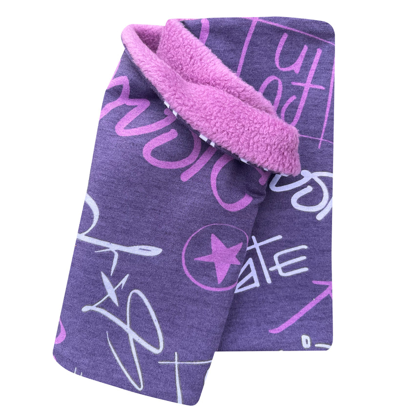 Wollhuhn Halstuch / Schlupfschal / Loop WARM mit Fleece-Innenfutter, handgemacht, zeigt Cool Music Schriftzug in Violett; ideal für kalte Tage und empfindliche Hälse.