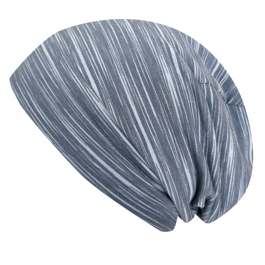 Wollhuhn Öko Long Beanie / Wendemütze in grau-weißen Streifen, aus weichem Baumwolljersey, zweilagig, formbeständig und pflegeleicht, ideal für ganzjähriges Tragen.