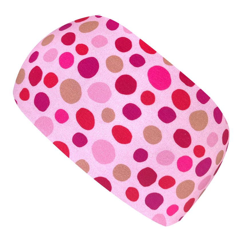 Wollhuhn Elastisches Öko Stirnband in Rosa mit roten Punkten, handgemacht aus weichem, dehnbarem Jersey, ideal für Outdoor-Aktivitäten und stilvolle Alltagslooks.