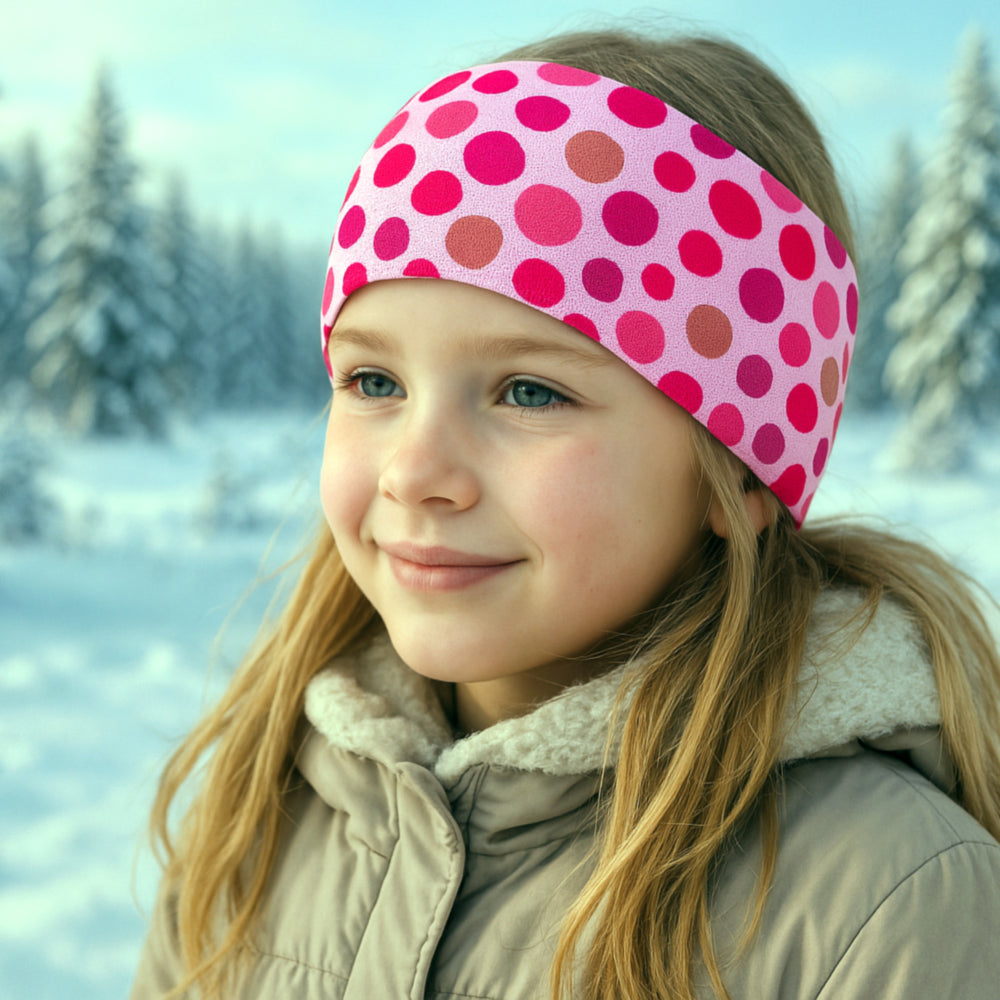Mädchen trägt Wollhuhn Elastisches Öko Stirnband Jersey, zweilagig und breit, mit rosa Punkten, ideal für Outdoor-Aktivitäten, handgemacht aus Bio-Baumwolle.