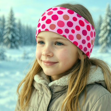 Mädchen trägt Wollhuhn Elastisches Öko Stirnband Jersey, zweilagig und breit, mit rosa Punkten, ideal für Outdoor-Aktivitäten, handgemacht aus Bio-Baumwolle.