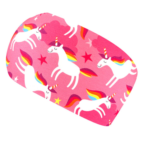 Wollhuhn Elastisches Öko Stirnband mit rosa Einhornmuster, handgemacht aus weicher Bio-Baumwolle, ideal für Kinder und Erwachsene, vielseitig tragbar.