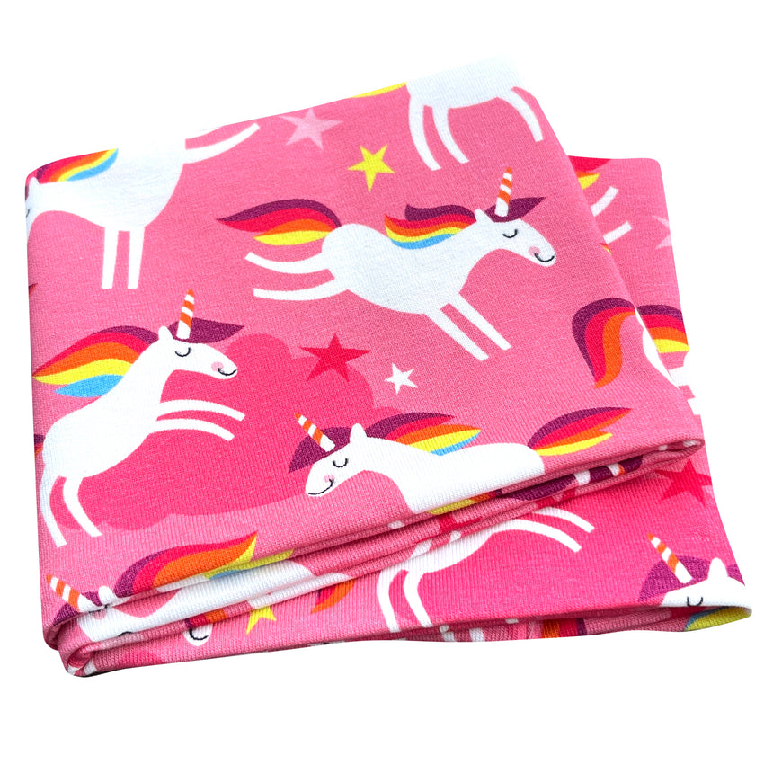 Wollhuhn Elastisches Öko Stirnband: Rosa Jersey mit Einhörnern und Regenbögen, doppellagig, ideal für Kinder und Erwachsene, handgefertigt und vielseitig tragbar.