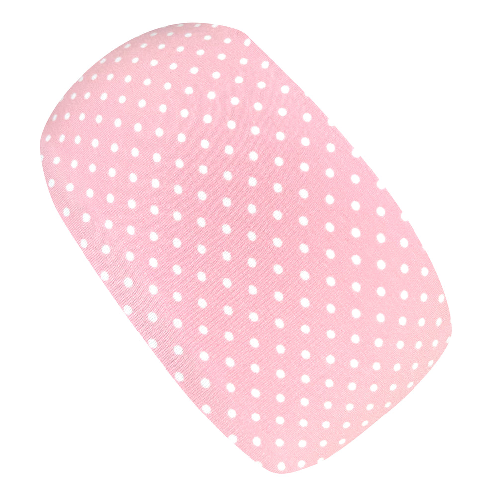 Wollhuhn Elastisches Öko Stirnband: Zweilagig, rosa/weiß mit Pünktchen, handgemacht aus Bio-Baumwolle für vielseitigen Tragekomfort und stilvollen Schutz.