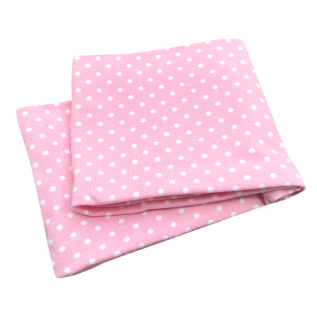 Wollhuhn Elastisches Öko Stirnband: Zweilagiges, rosa-weiß gepunktetes Jersey-Stirnband, weich, dehnbar und handgemacht. Ideal für Alltag und sportliche Aktivitäten.