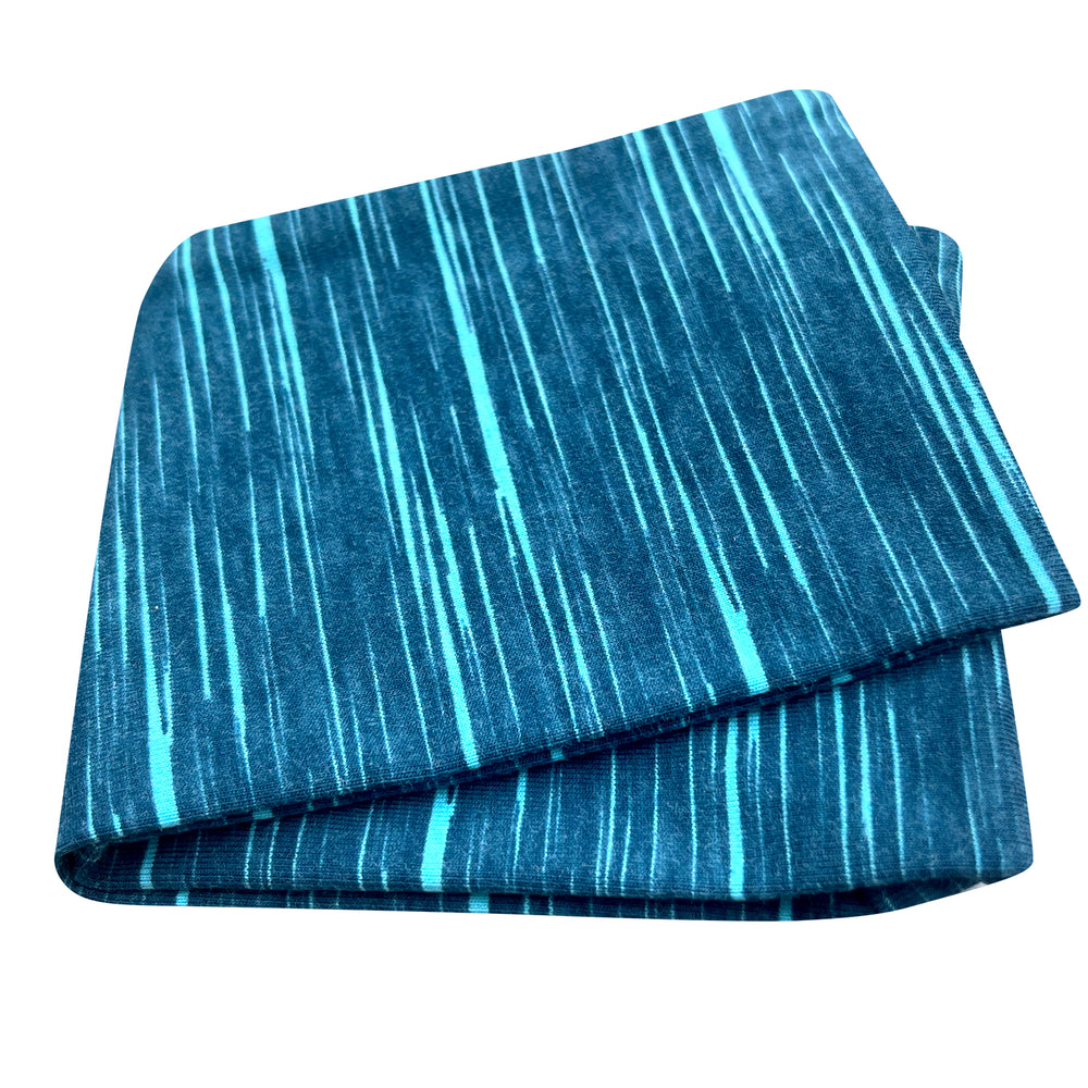 Wollhuhn Elastisches Öko Stirnband aus zweilagigem, blau-weiß gestreiftem Jersey, handgemacht, weich und vielseitig tragbar für Kinder und Erwachsene.