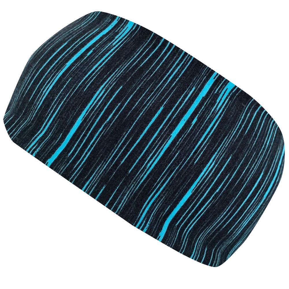 Wollhuhn Elastisches Öko Stirnband/Haarband, zweilagig, schwarz-türkis gestreift, handgemacht, weich und dehnbar aus Bio-Baumwolle, ideal für Outdoor-Aktivitäten und sportlichen Gebrauch.