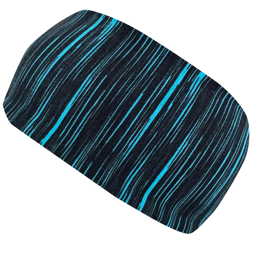 Wollhuhn Elastisches Öko Stirnband/Haarband, zweilagig, schwarz-türkis gestreift, handgemacht, weich und dehnbar aus Bio-Baumwolle, ideal für Outdoor-Aktivitäten und sportlichen Gebrauch.