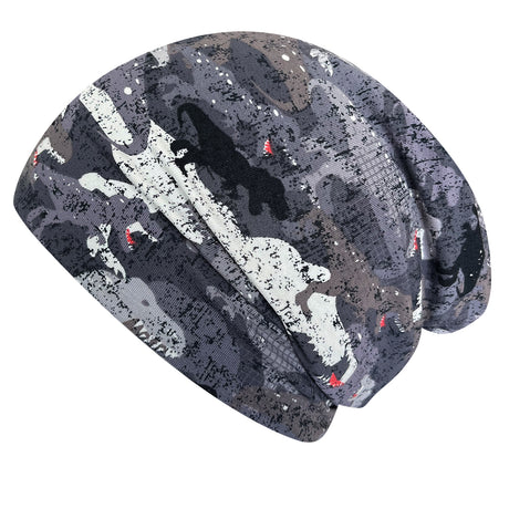 Wollhuhn Öko Long Beanie / Wendemütze, Ganzjährig, Zweilagig, Dino Camouflage Anthrazit – Nahaufnahme der bequemen, formbeständigen Mütze mit weichem Baumwolljersey und Elefantenmotiv.