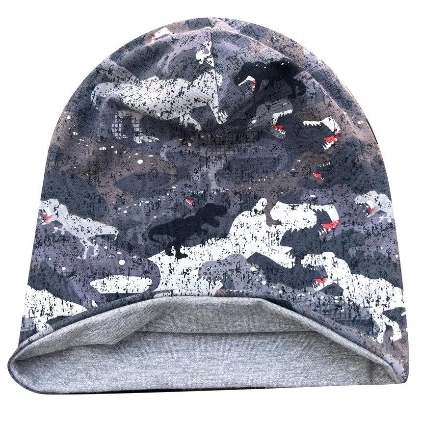 Wollhuhn Öko Long Beanie / Wendemütze, Anthrazit, mit Dino Camouflage. Zweilagig aus weichem Öko-Jersey, ideal für Kinder, komfortabel und ganzjährig tragbar.