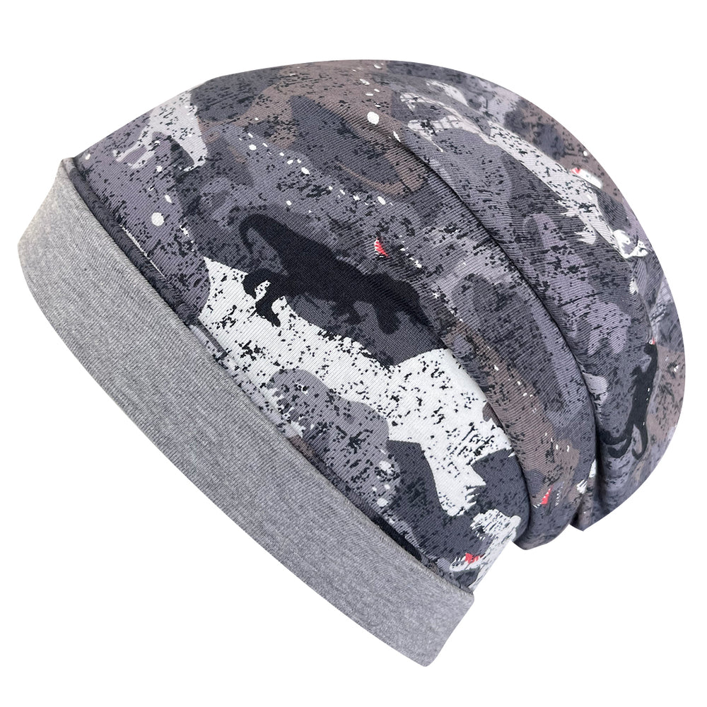 Wollhuhn Öko Long Beanie, Wendemütze: Graue, zweilagige Beanie aus weichem Baumwolljersey mit dezentem Muster, ideal für das ganze Jahr und bequem tragbar.