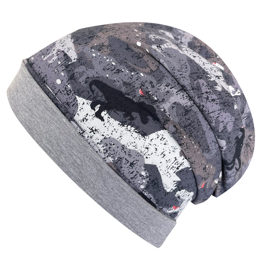 Wollhuhn Öko Long Beanie, Wendemütze: Graue, zweilagige Beanie aus weichem Baumwolljersey mit dezentem Muster, ideal für das ganze Jahr und bequem tragbar.