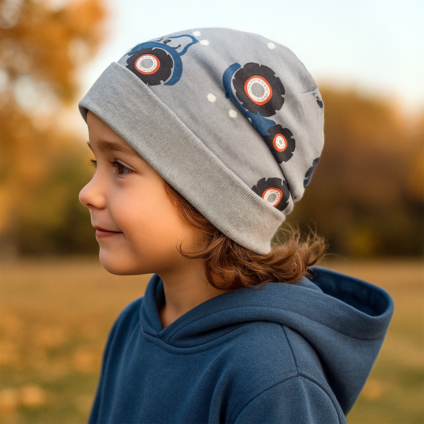 Wollhuhn Dünne Öko Beanie-Mütze Sommer/Übergang Einlagig Maxi Trecker/Traktor Grau/Blau