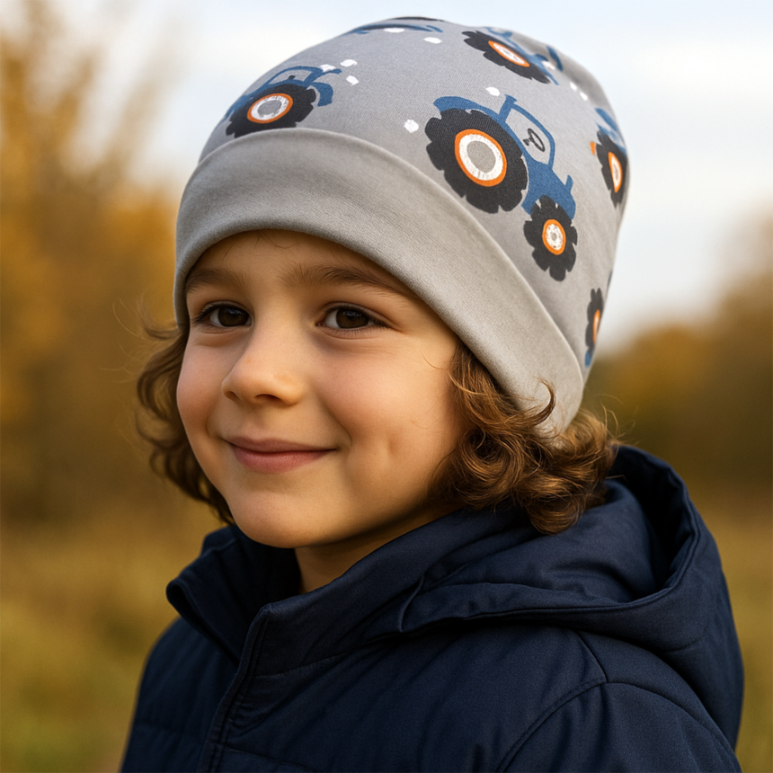 Wollhuhn Dünne Öko Beanie-Mütze Sommer/Übergang Einlagig Maxi Trecker/Traktor Grau/Blau