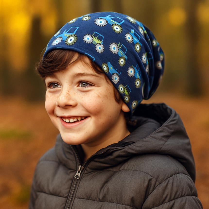 Ein Kind trägt die Wollhuhn Öko Long Beanie, Wendemütze mit Traktor-Motiven im Freien. Die zweilagige Mütze ist bequem, formbeständig und ideal für jede Jahreszeit.