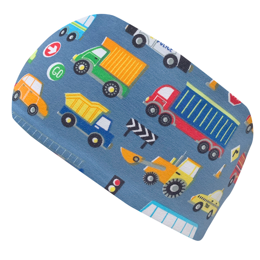 Wollhuhn Elastisches Öko Stirnband, zweilagig, breit, mit Autos, aus Bio-Baumwolle, ideal für Sport und Freizeit, handgefertigt in Deutschland.